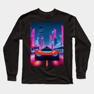 Dark Neon Sports Car in Asian Neon City Long Sleeve T-Shirt